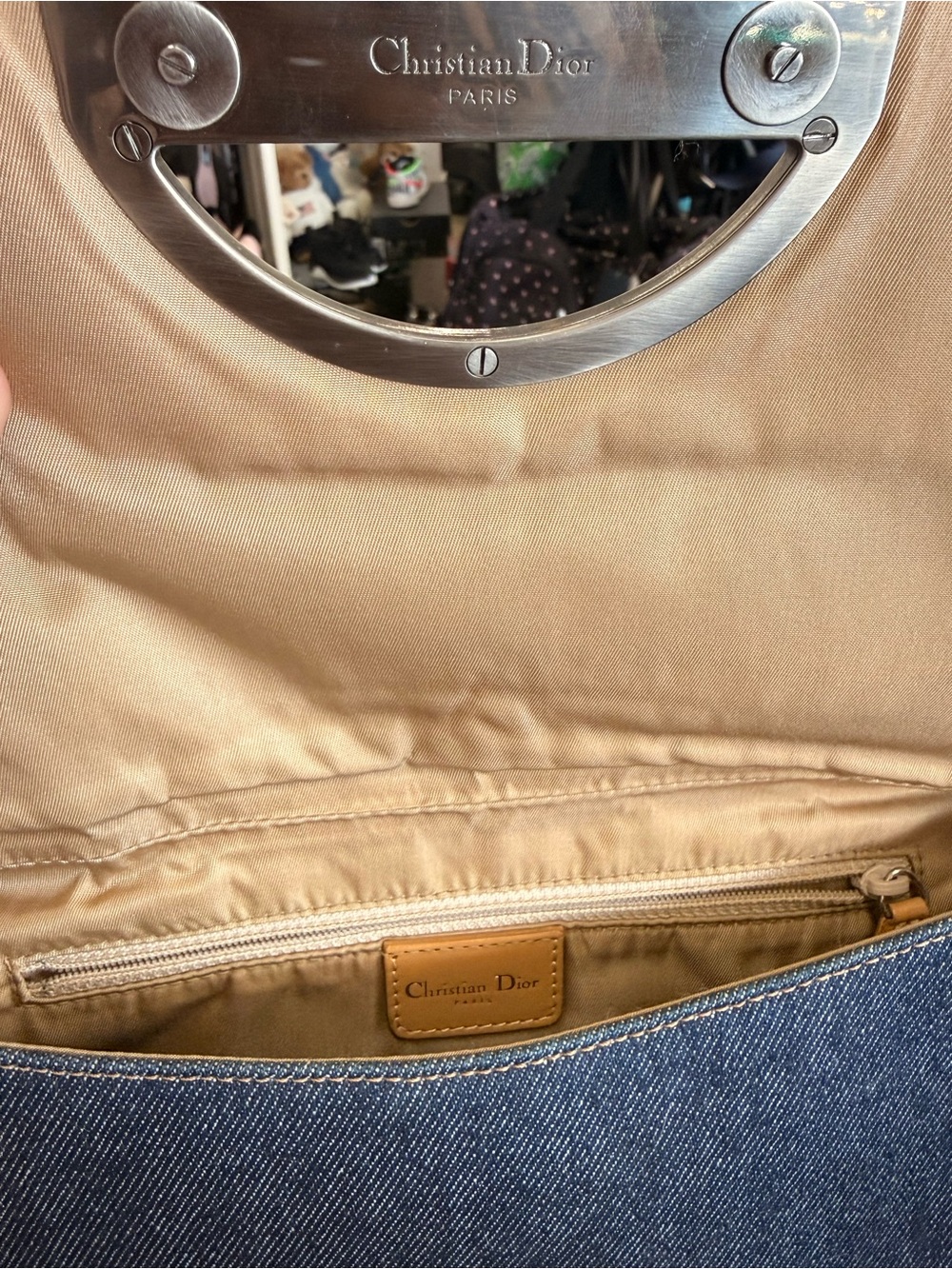 Vintage Dior Blue Denim Shoulder Bag with Tan Strap and Silver Accents - Picture 3 of 13